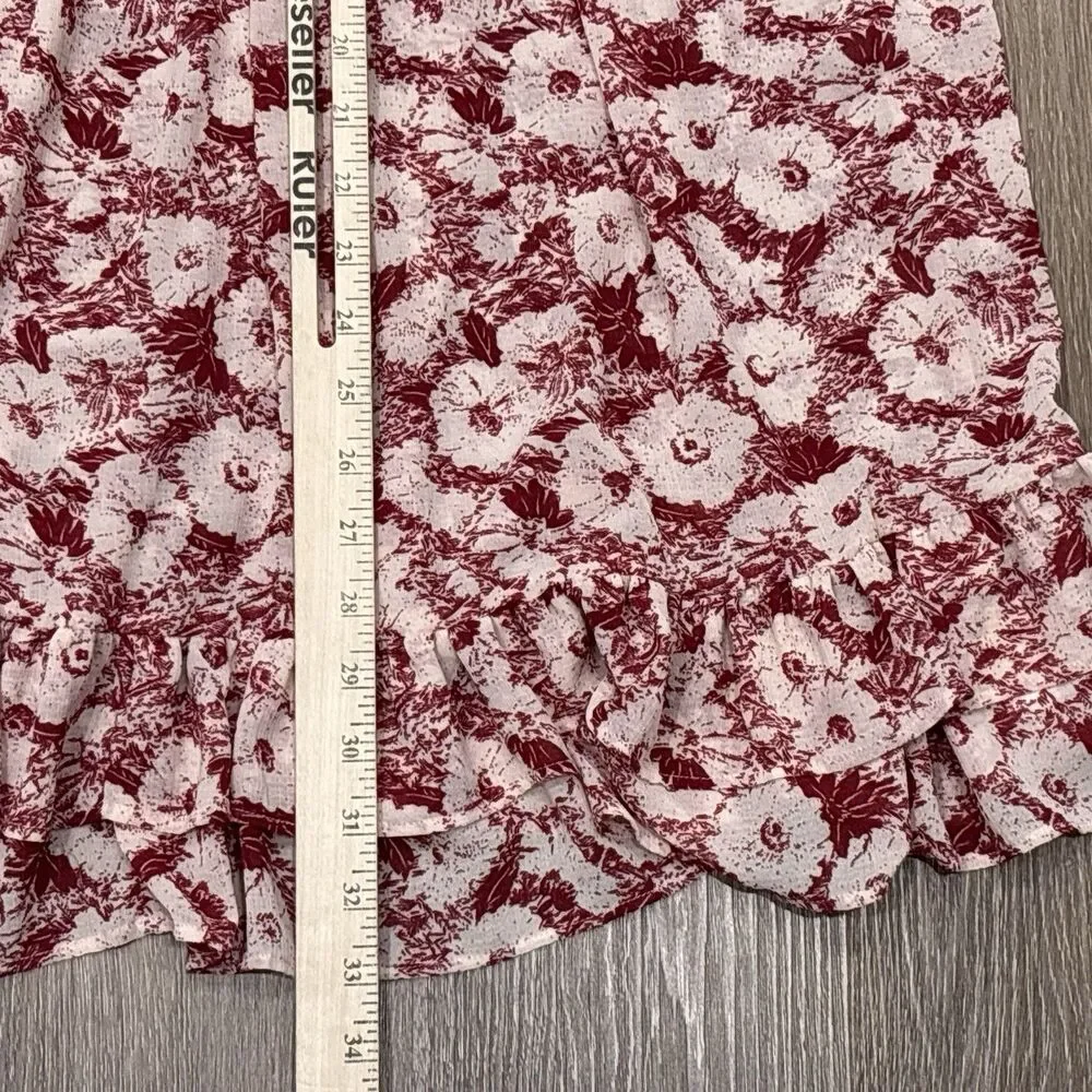 Free People Floral Mini Dress Small Red White Pleated Ruffle Hem Boho Festival
